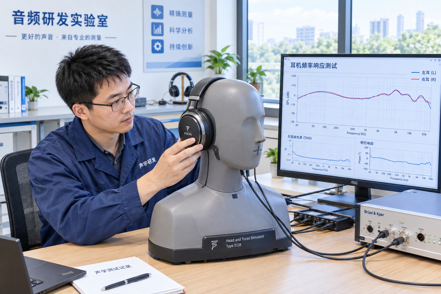 The Rise of Chinese Audio Brands: 1More, Edifier, and the Quest for Premium Sound 23 Acoustic engineer measuring Edifier headphone frequency response with a head simulator in a Chinese lab
