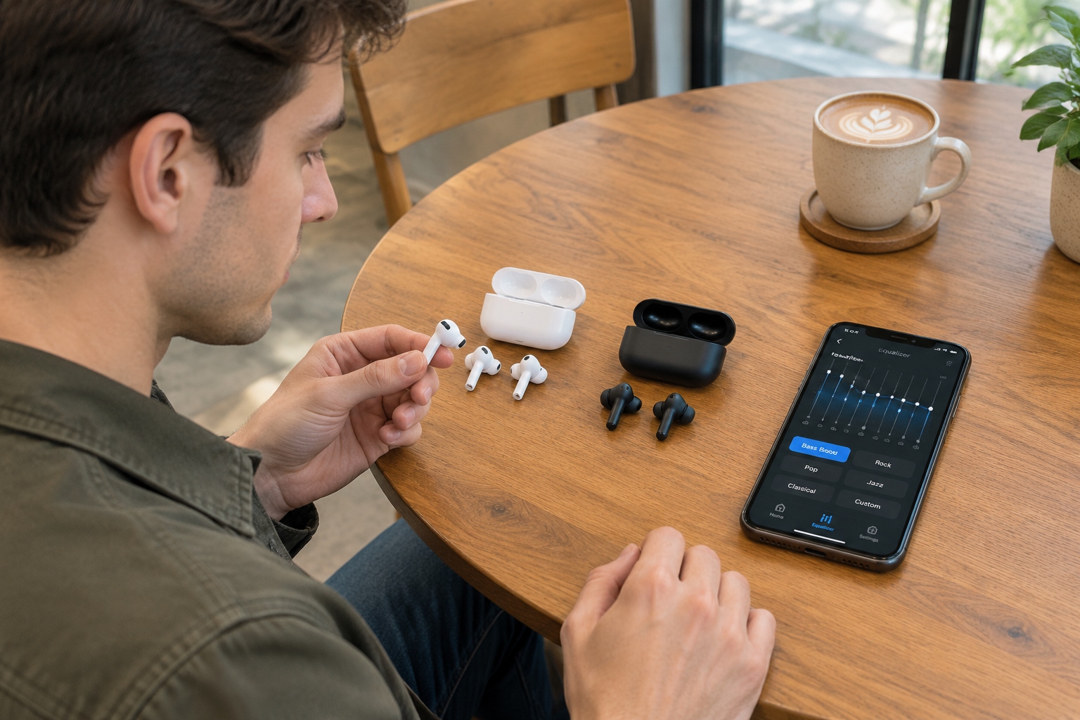 The Rise of Chinese Audio Brands: 1More, Edifier, and the Quest for Premium Sound 24 Comparison of 1More EVO and Edifier NeoBuds Pro true wireless earbuds on a cafe table