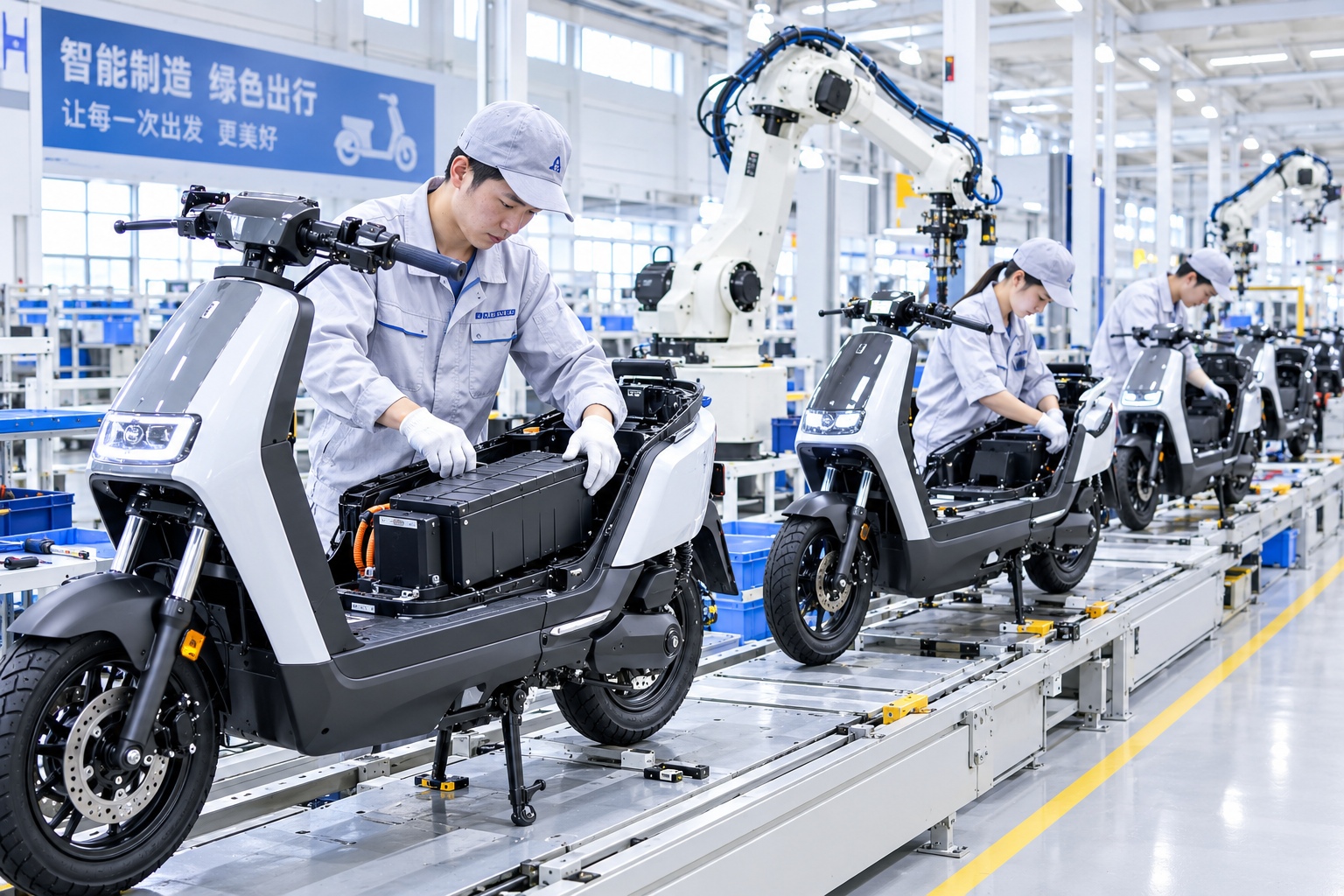 Chinese factory workers assembling electric bicycle battery packs on an automated production line