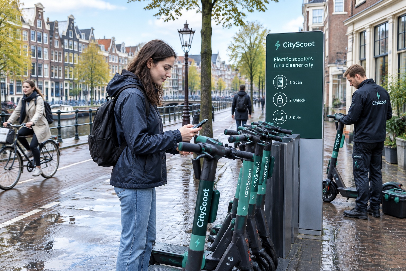 Rider using smartphone to rent a shared e-scooter on a European street while a technician services a nearby scooter