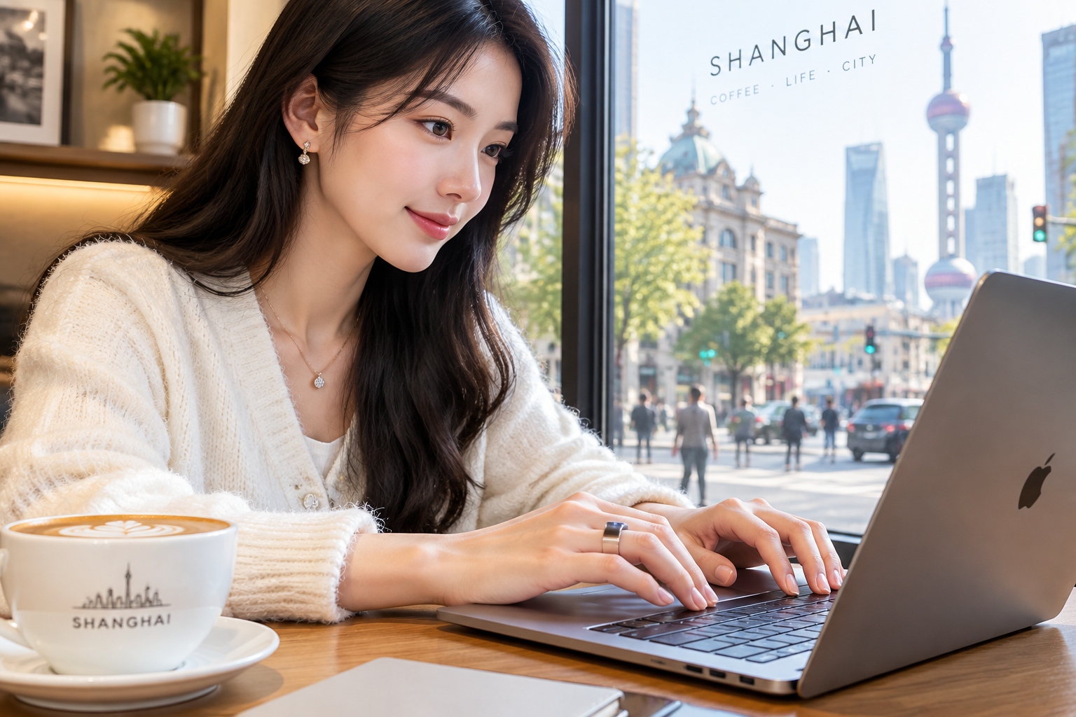 Close-up of a woman wearing a smart ring while working on a laptop in a Shanghai cafe