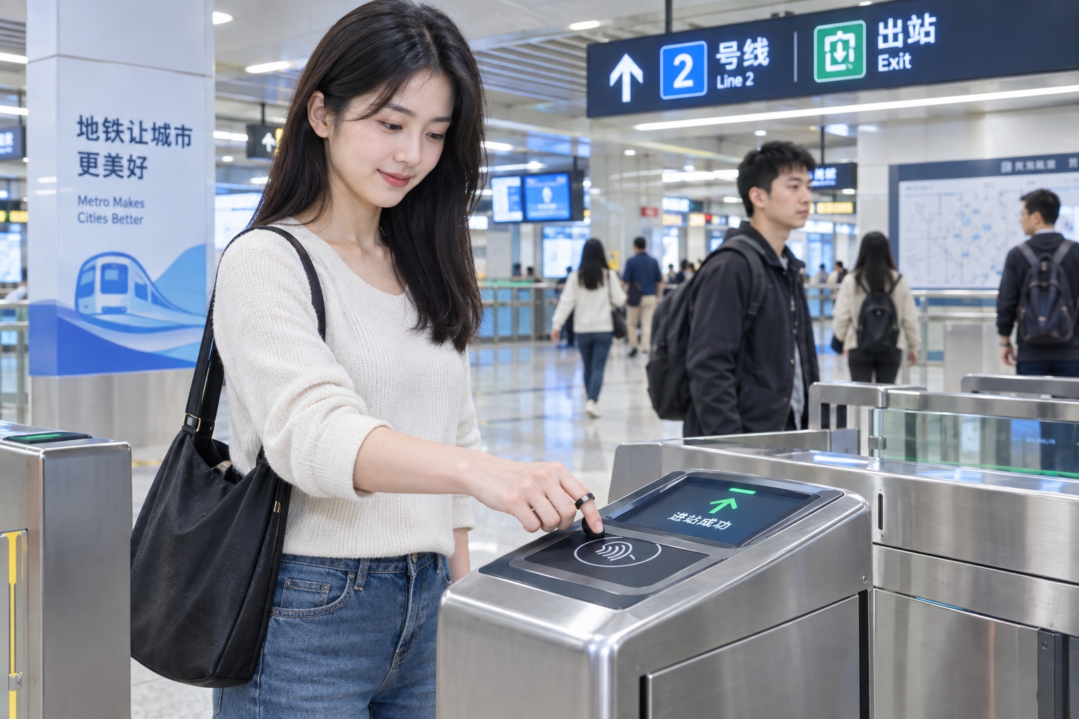 Commuter using an NFC ring at a subway ticket gate in China