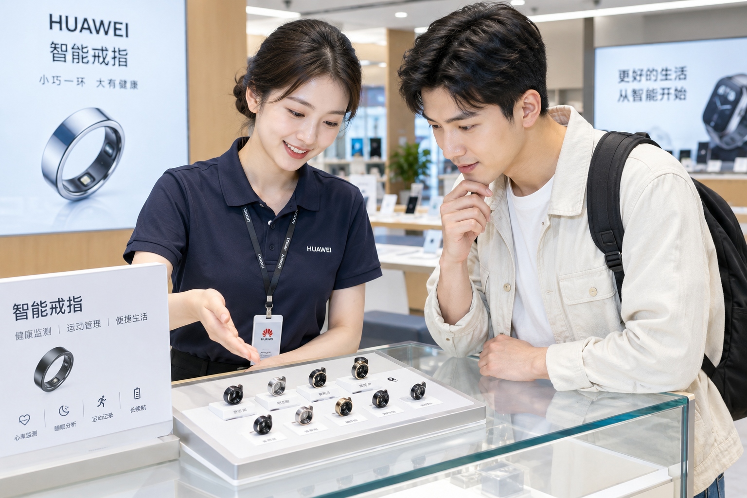 Customer trying on a smart ring at a consumer electronics store in China