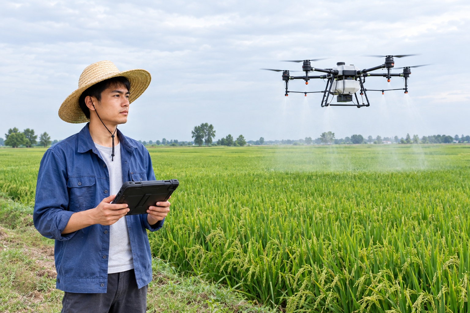 Farmer controlling an agricultural drone with a tablet at a paddy field in Hunan, China