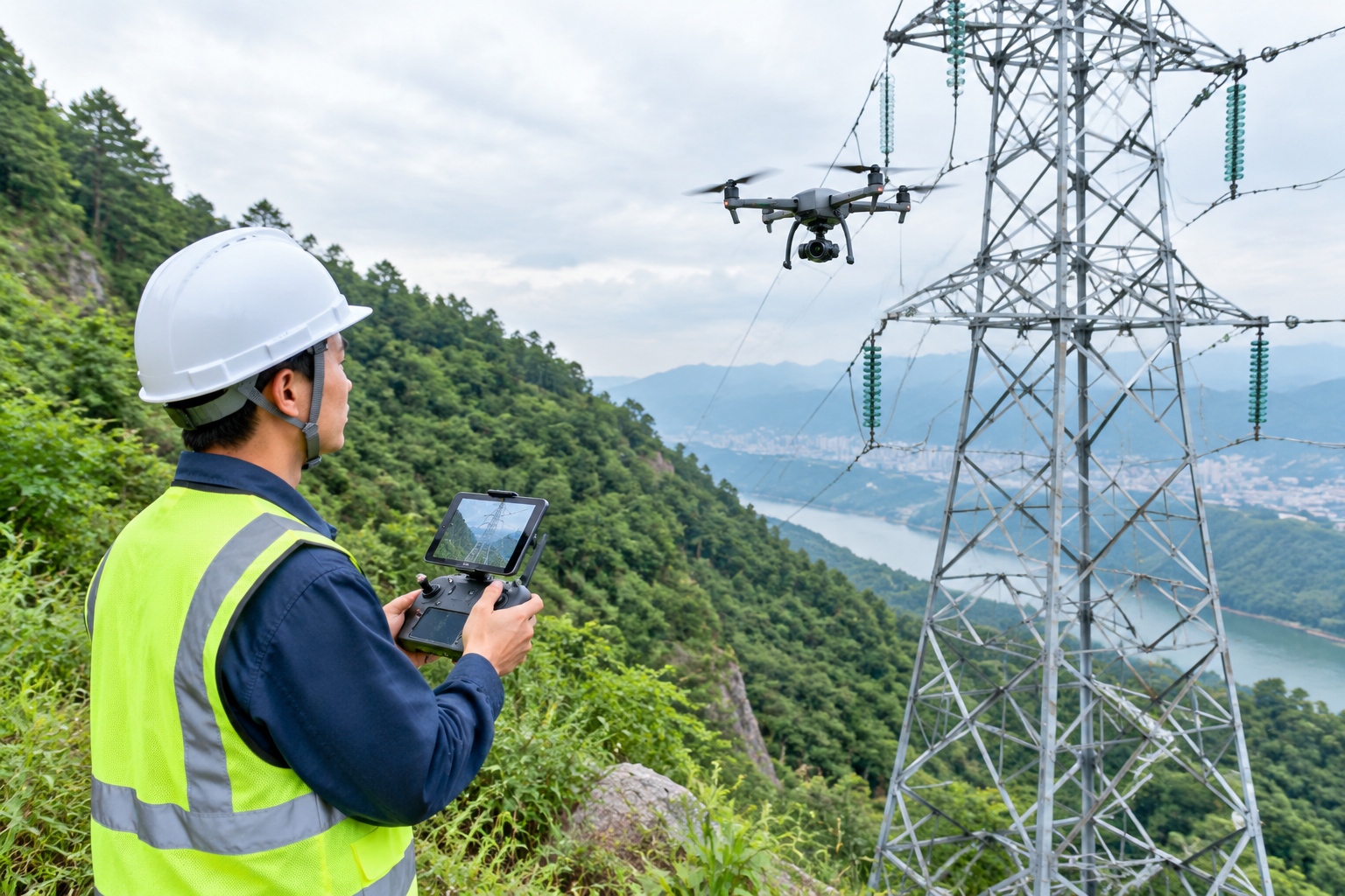 Engineer inspecting a high-voltage transmission tower with a quadcopter in forested mountains near Chongqing