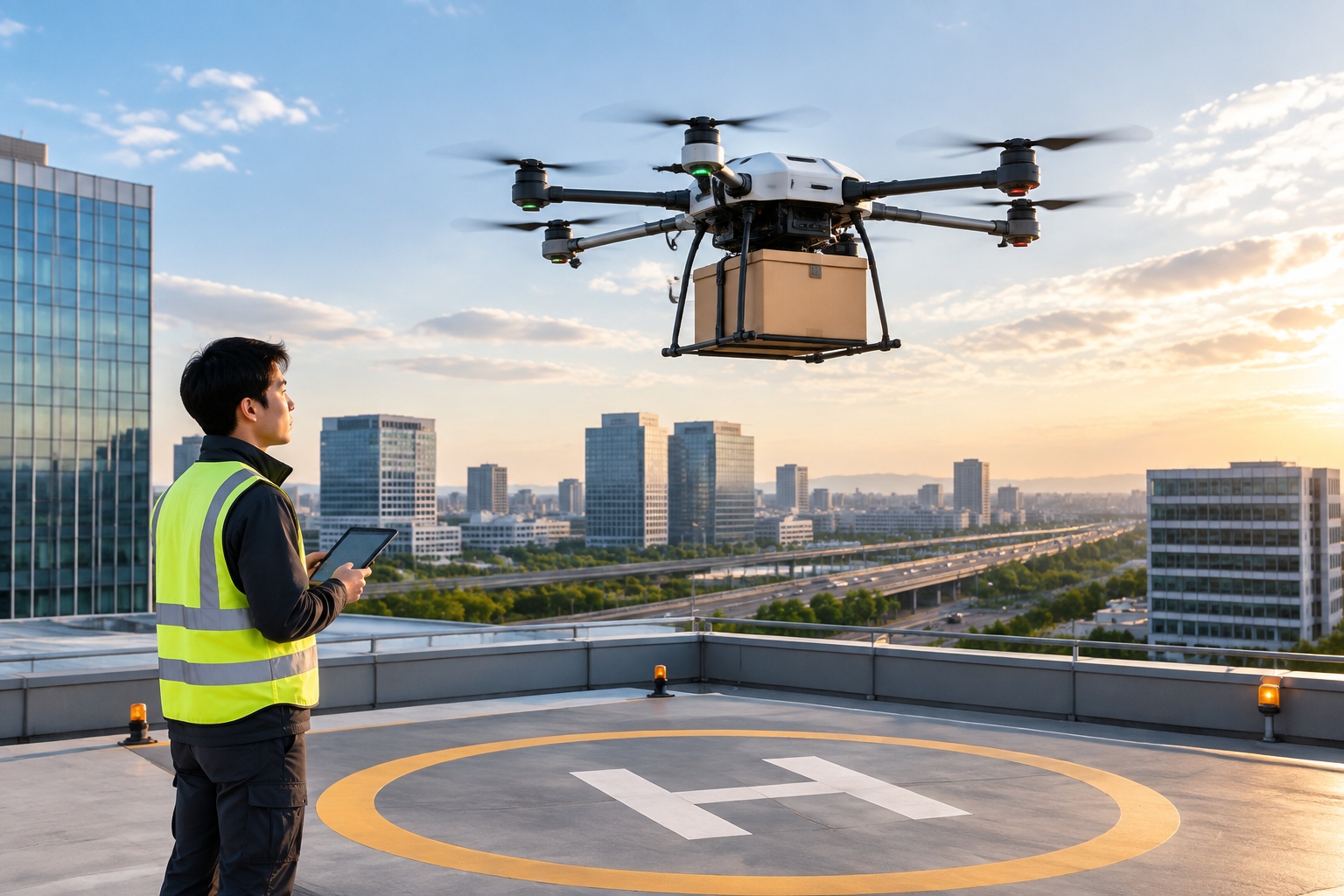 Logistics drone landing on a rooftop delivery pad in a pilot low-altitude network in Shenzhen