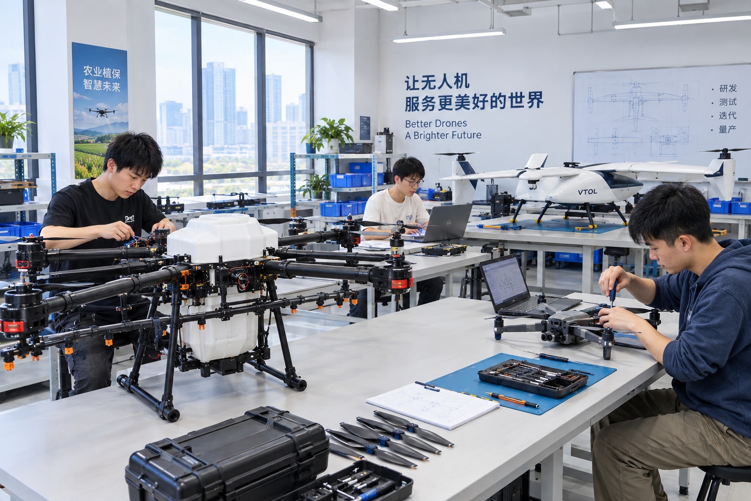 Engineers testing specialized agricultural and survey drones at a start-up workbench in Shenzhen