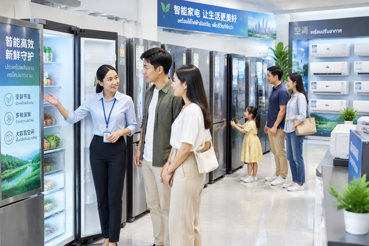 Shoppers comparing Chinese-brand refrigerators in a Bangkok appliance store