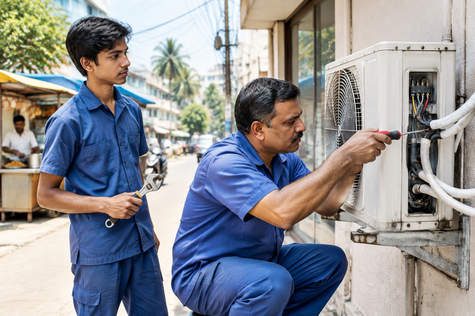 Technician servicing a Chinese air conditioner on a Mumbai street