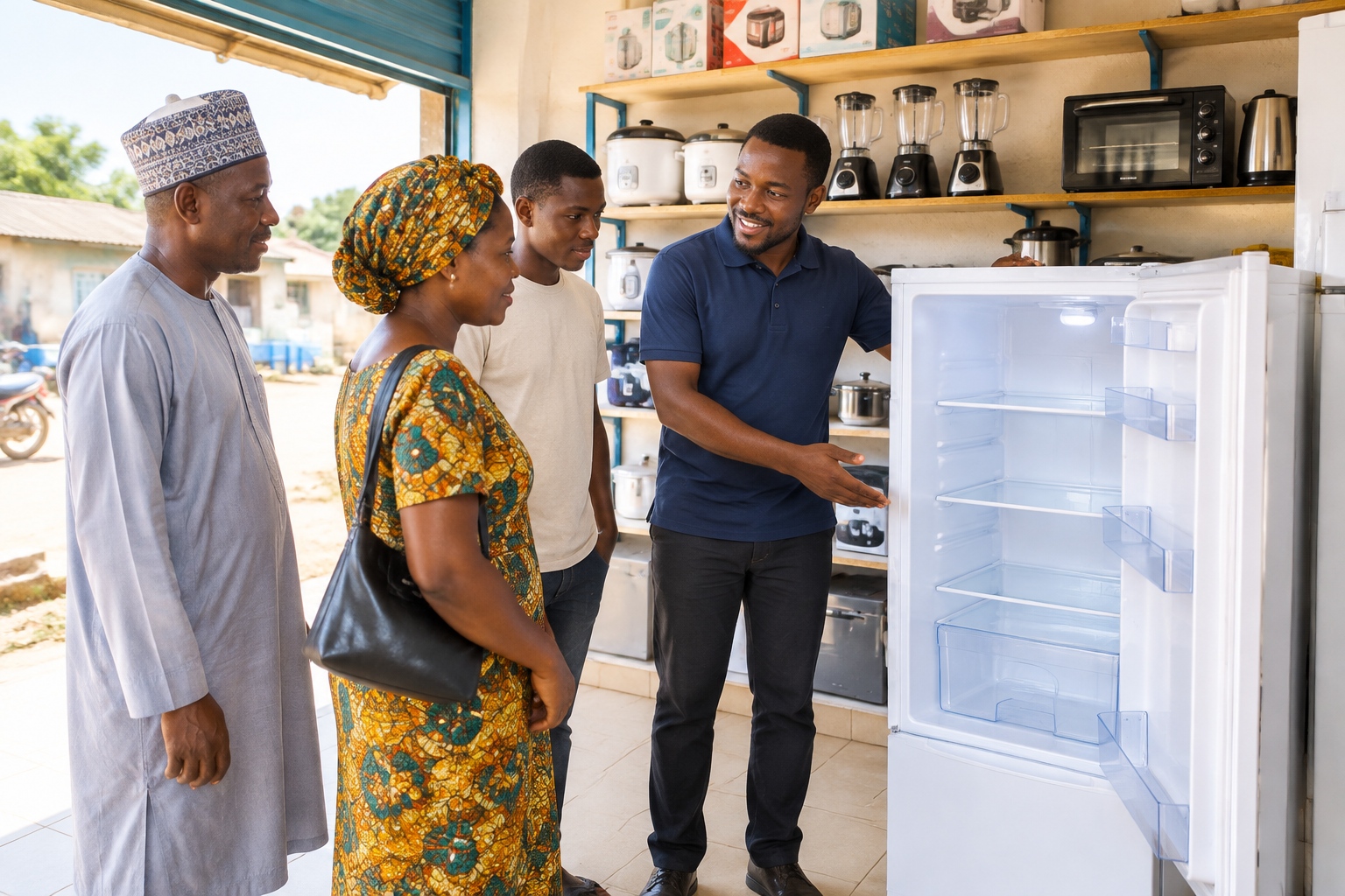 Rural shop customers look at a refrigerator in a small electronics store in Nigeria