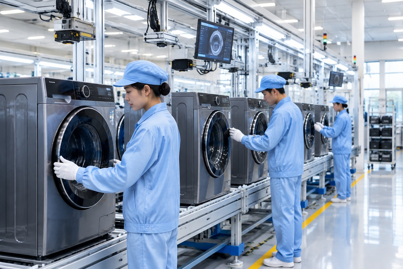 Automated home appliance assembly line in southern China with workers checking washing machines