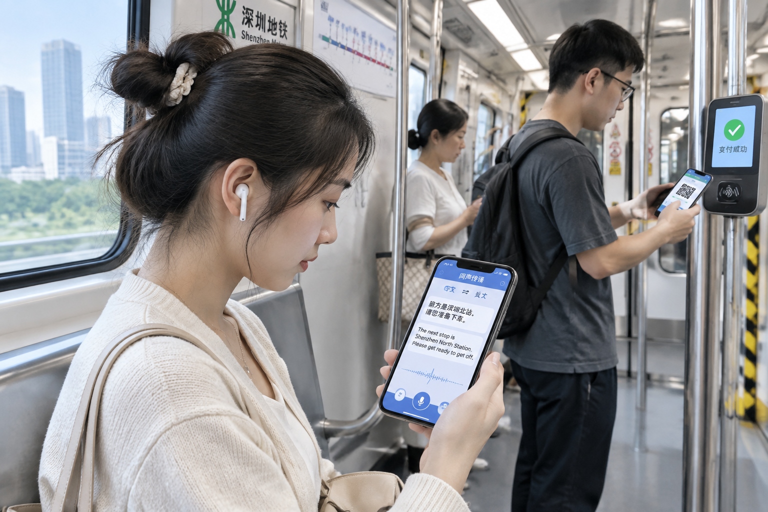 Shenzhen commuter using on-device AI translation on a smartphone in subway