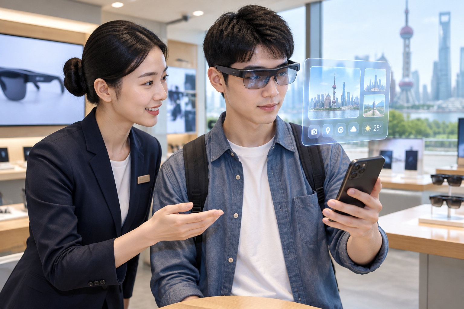 Customer trying on lightweight AR glasses in Shanghai electronics store