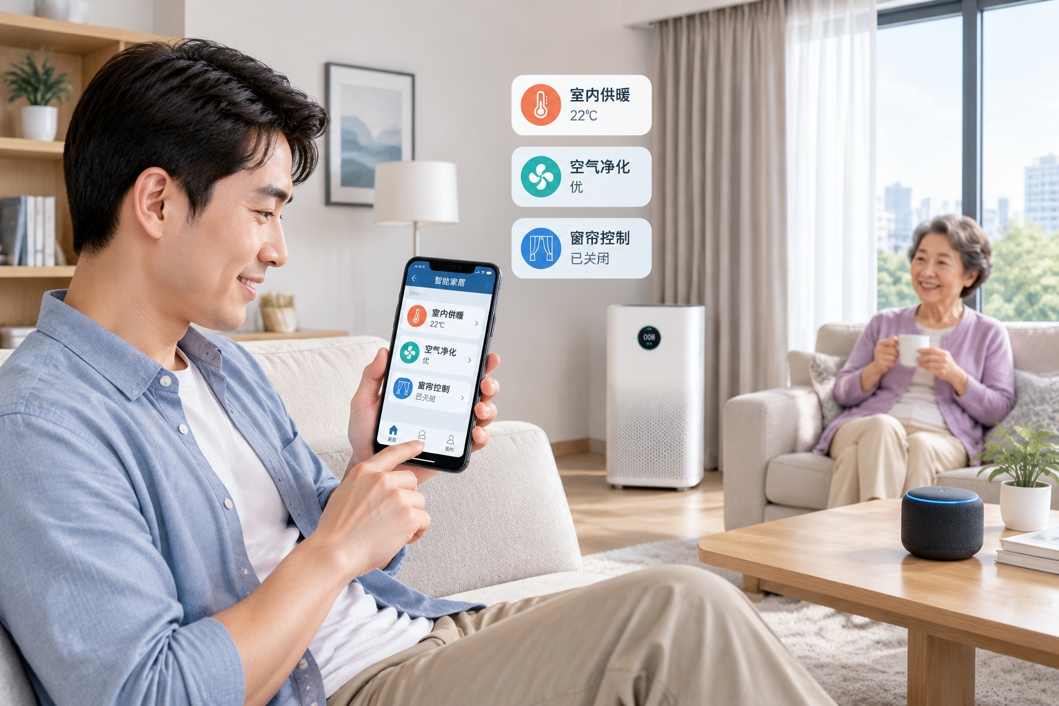 Chinese man managing a whole-home smart system from his smartphone in a living room