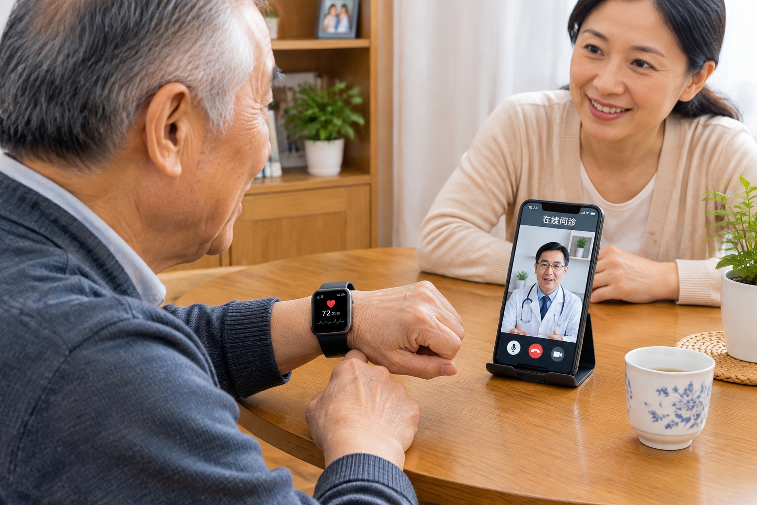 Elderly Chinese man with smartwatch consulting doctor on telemedicine app