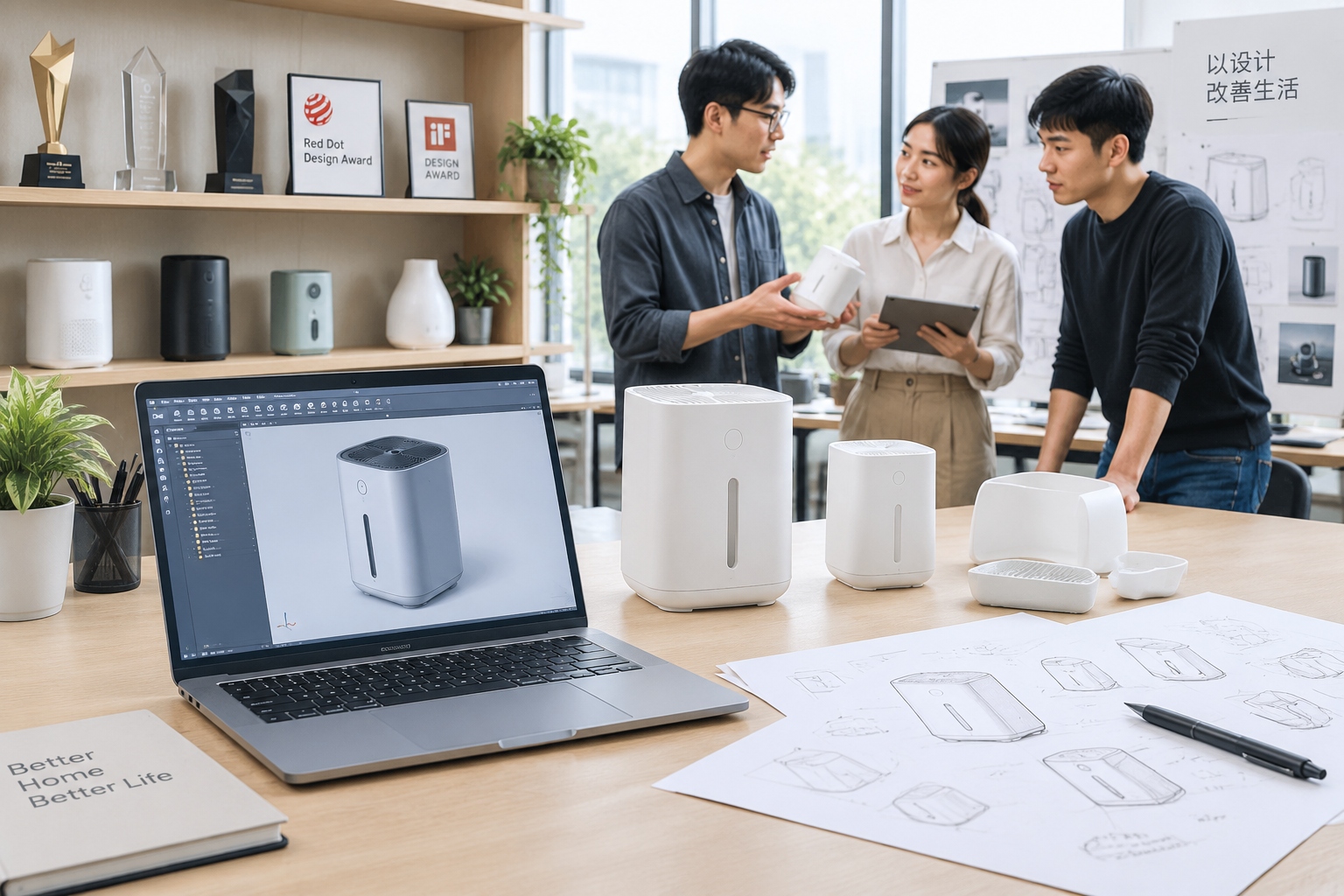 A Chinese industrial design studio with prototypes, CAD renderings and design award trophies from iF and Red Dot.