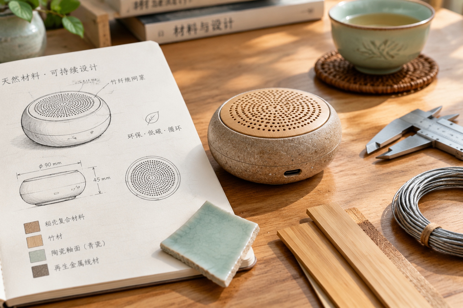 Rice-husk plastic, bamboo and glazed ceramic materials used in contemporary Chinese product design.