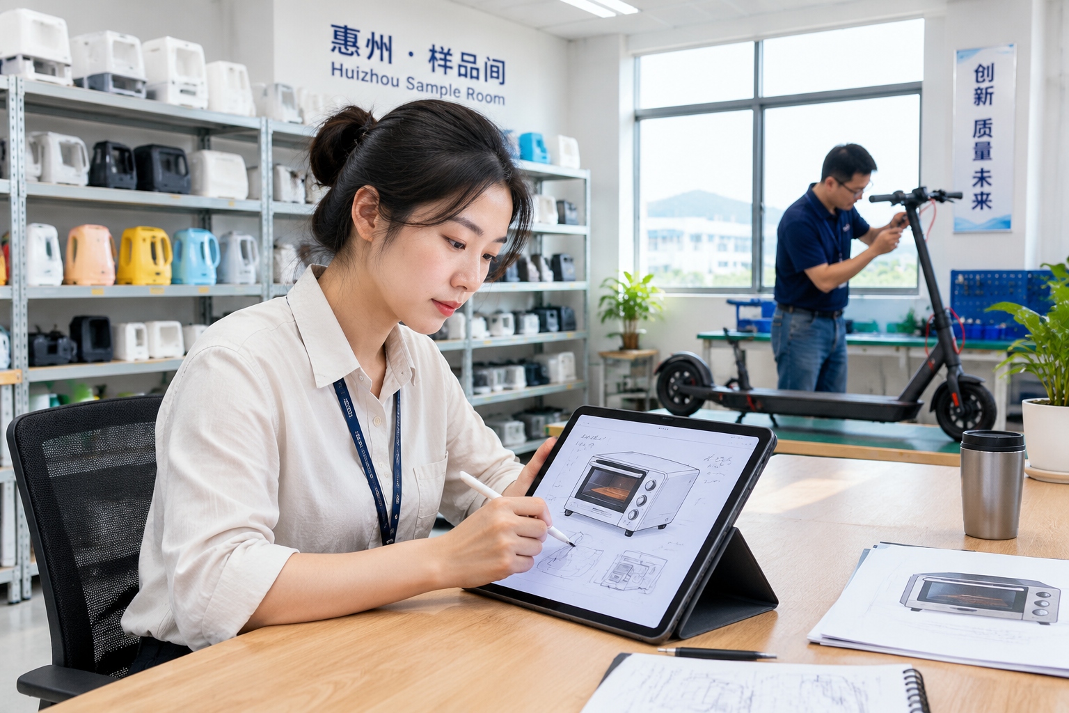 A woman working in a small factory sample room sketches her own product idea on an iPad near stacks of prototypes.
