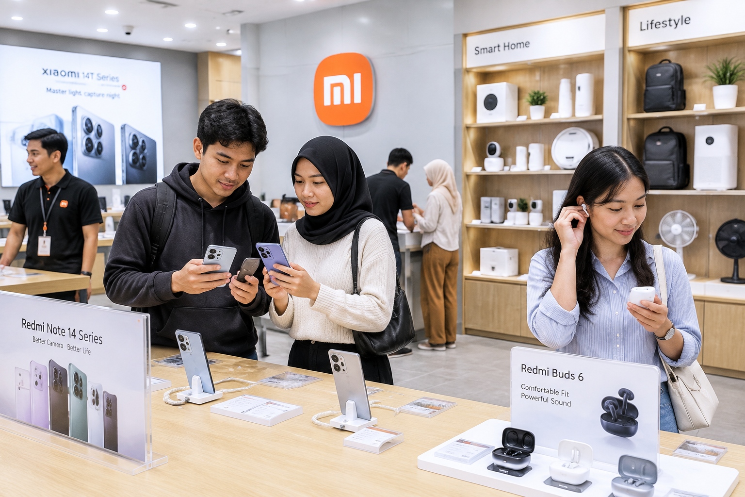 Young Indonesian customers compare Xiaomi smartphones inside a modern electronics store in Jakarta