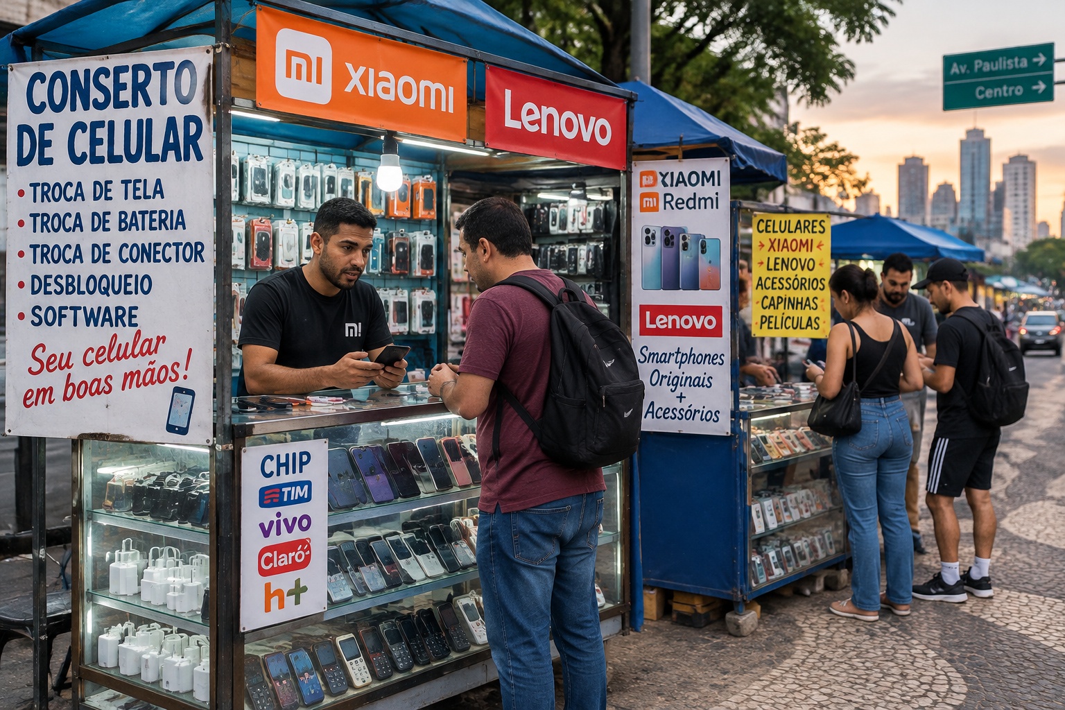 Independent phone repair stalls in Sao Paulo selling Chinese-brand smartphones and accessories