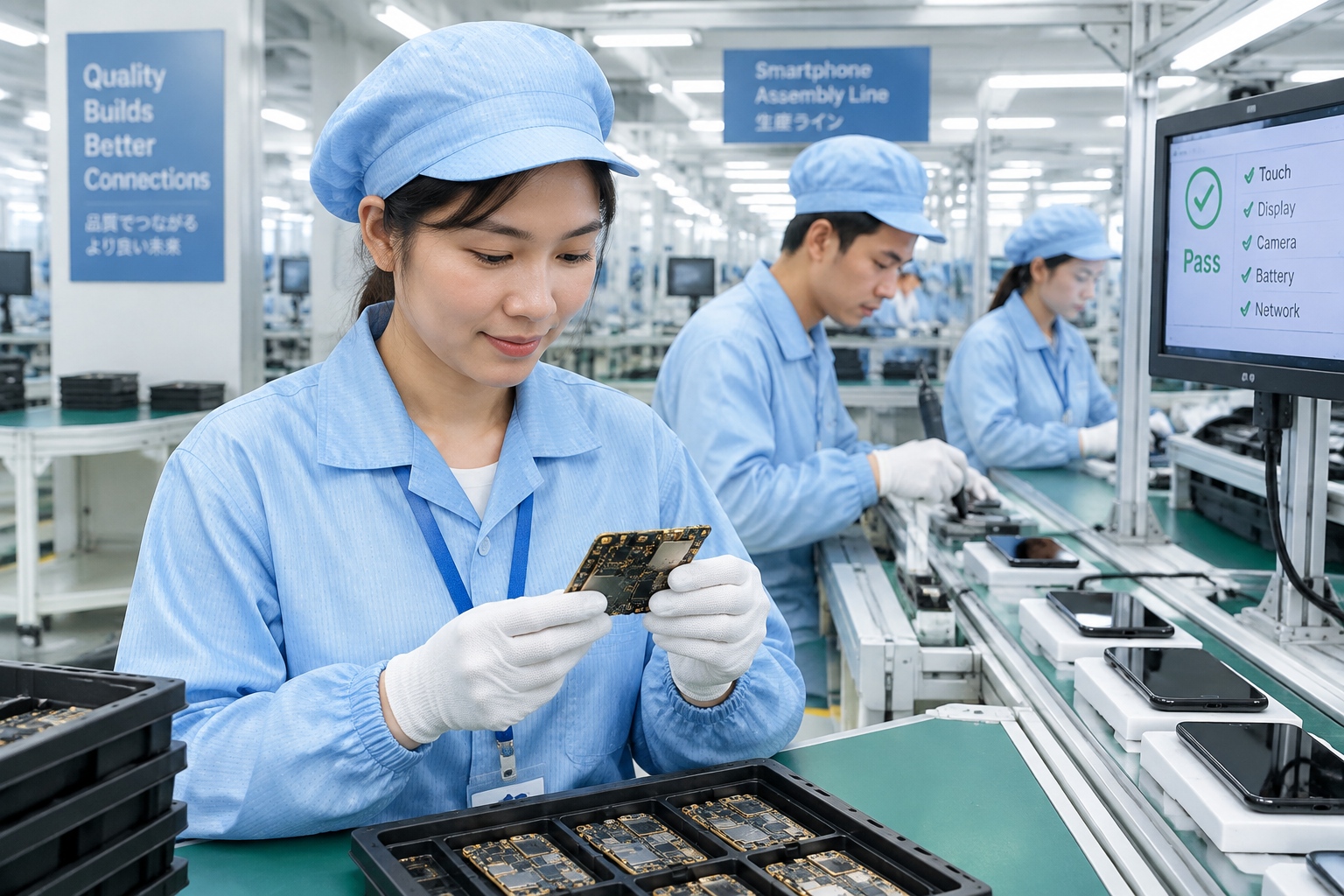 Worker testing a smartphone motherboard on an assembly line in a Southeast Asian electronics factory