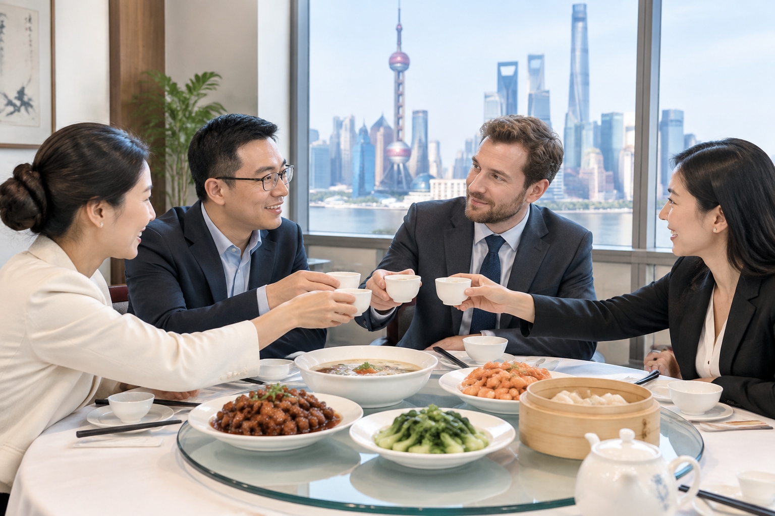 Guanxi 101: The Unwritten Rules of Business Relationships in China 22 Foreign and Chinese business partners having a friendly lunch at a round table in a Shanghai restaurant, a common setting for building guanxi