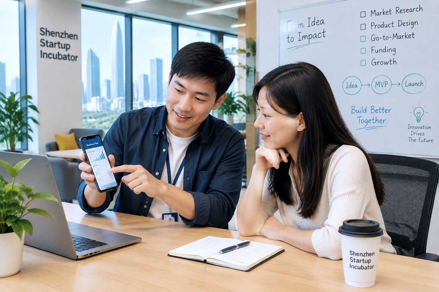 Guanxi 101: The Unwritten Rules of Business Relationships in China 23 Two entrepreneurs in a Shenzhen startup incubator reviewing a contract on a smartphone, representing how guanxi supports modern business decisions