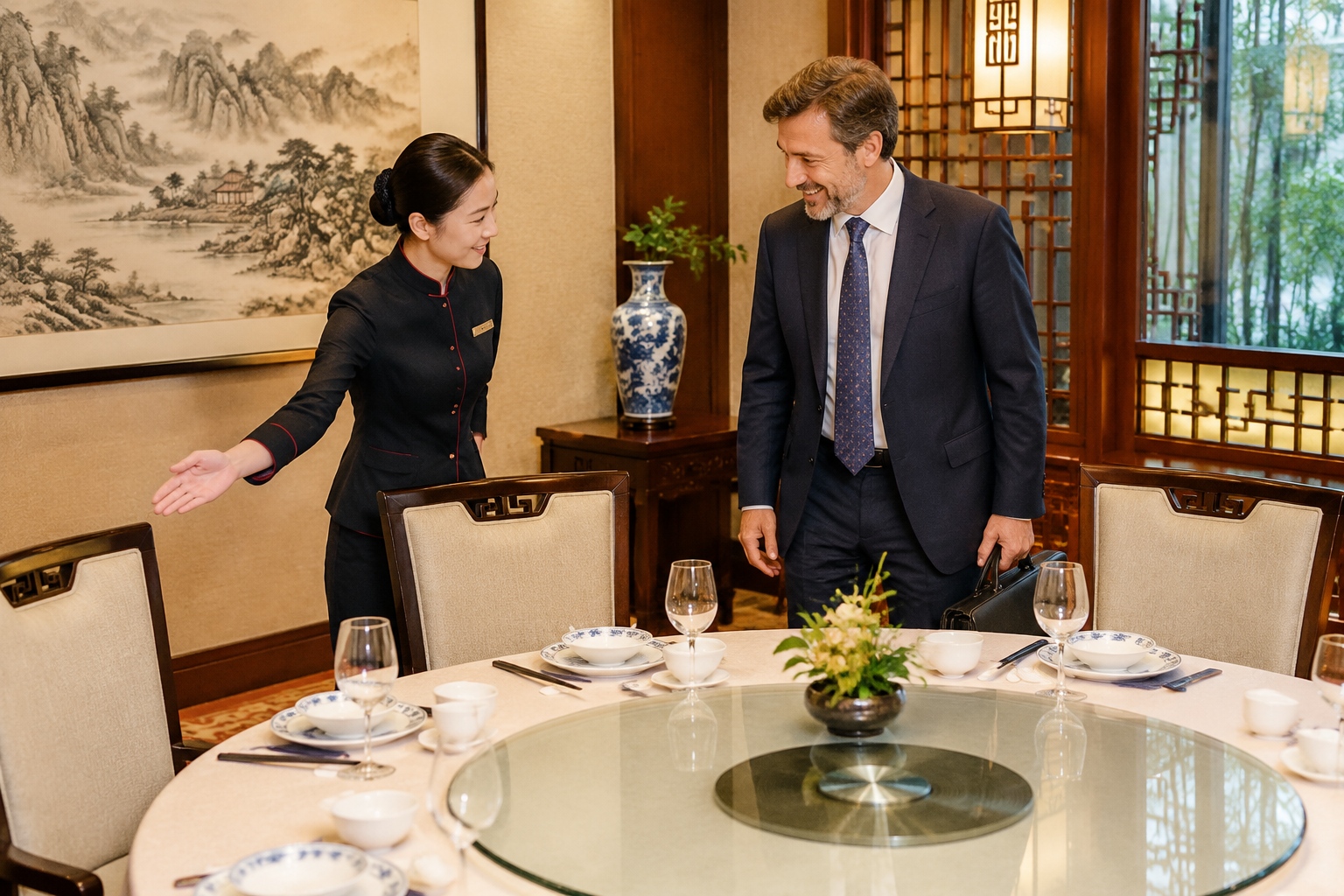 Chinese host guiding a foreign guest to the seat of honor at a round business dinner table