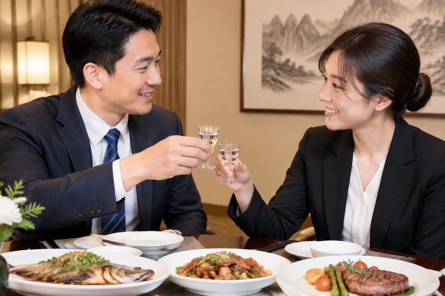 Chinese and foreign executives toasting with small glasses of baijiu at a business dinner