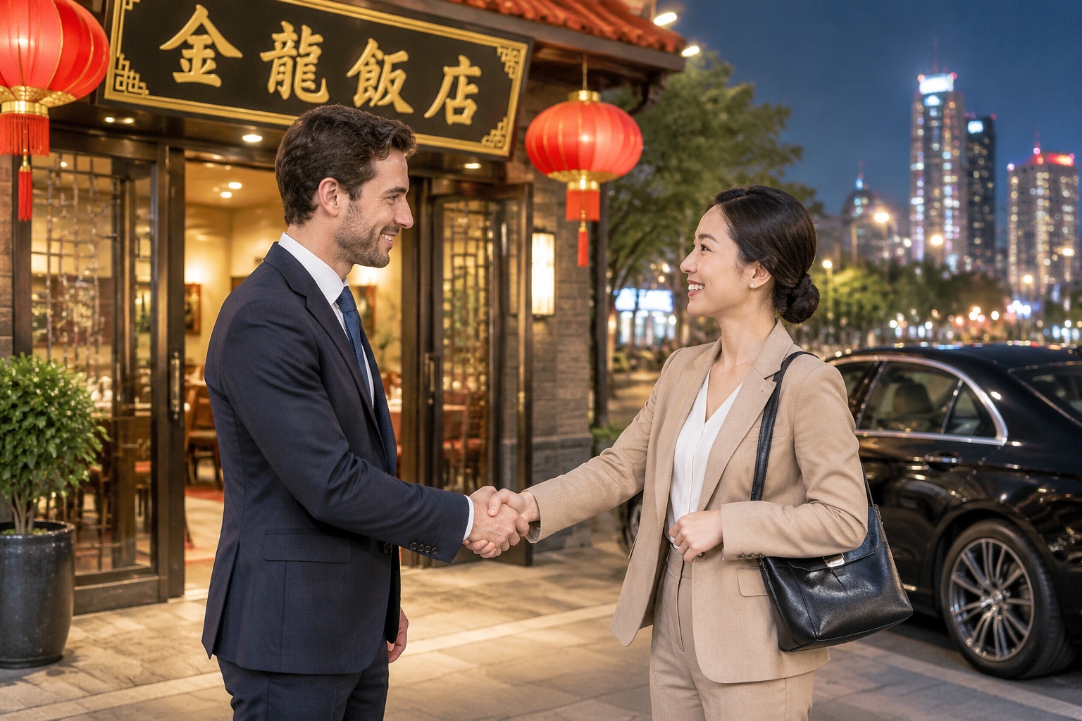 Foreign and Chinese business partners shaking hands outside a restaurant after a business dinner in China