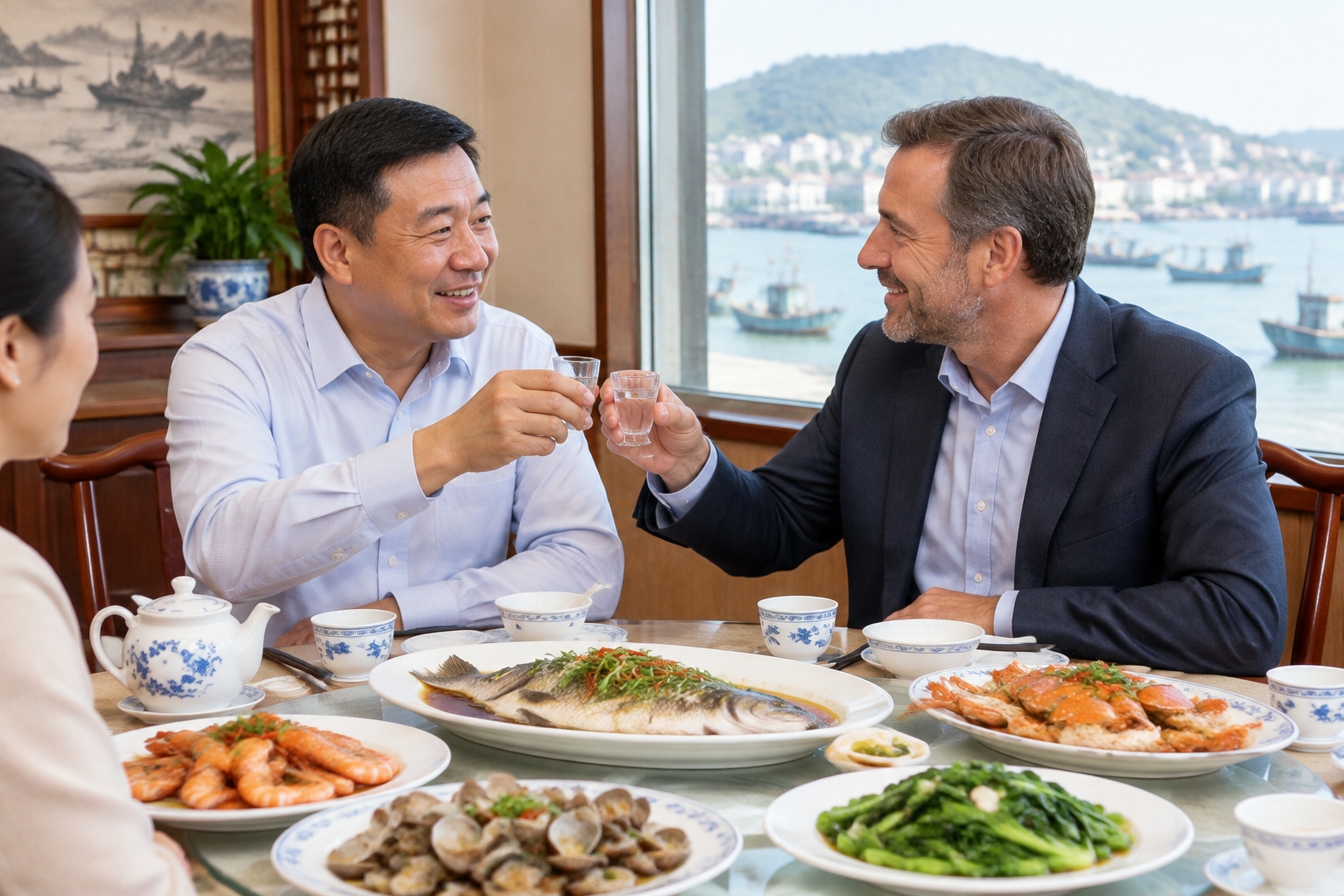 Chinese factory owner toasts a German buyer with baijiu during business lunch in Ningbo