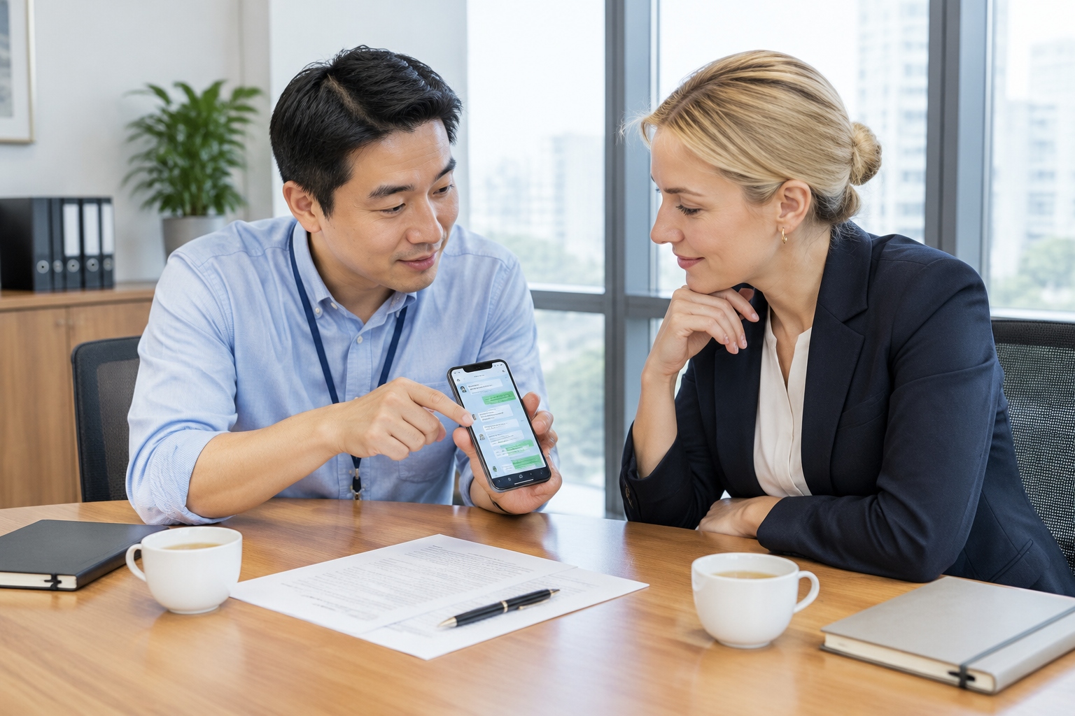 Chinese sales manager showing a WeChat conversation to a foreign business partner in an office meeting
