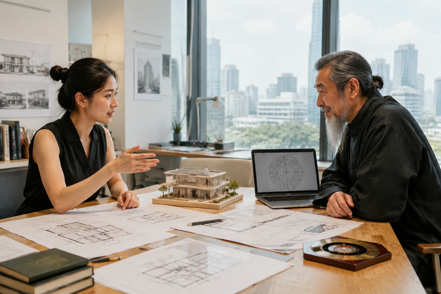 Architect Lin Yue and feng shui master Chen discussing a house model in a Shanghai studio