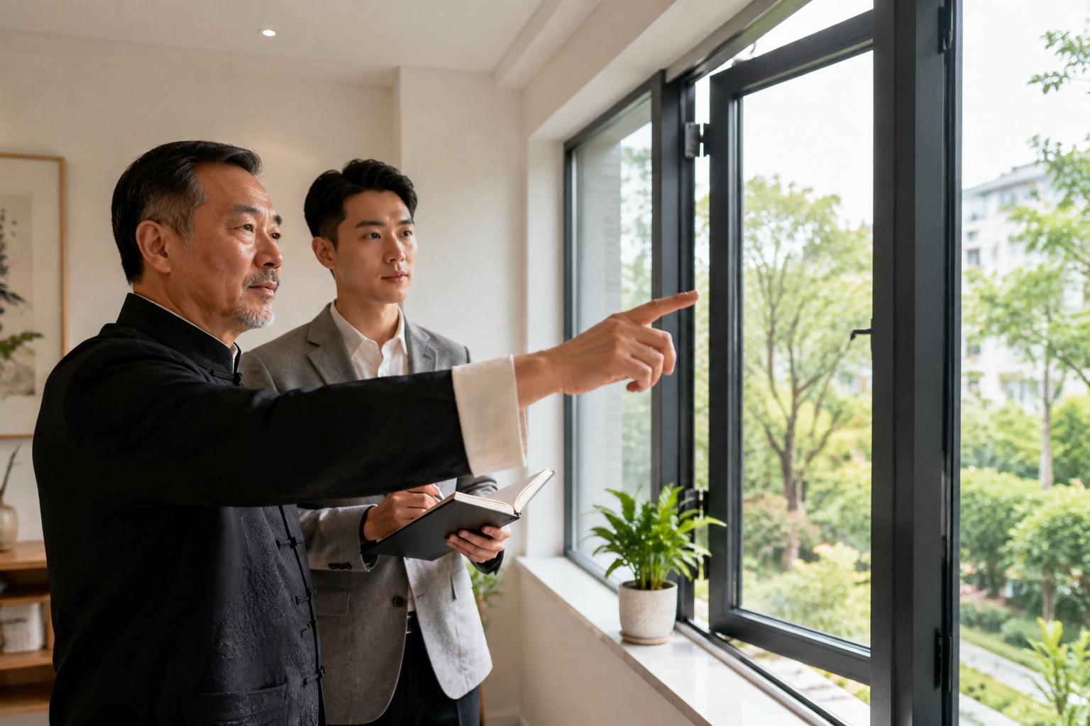 Feng shui master explaining window placement and air circulation to an architect