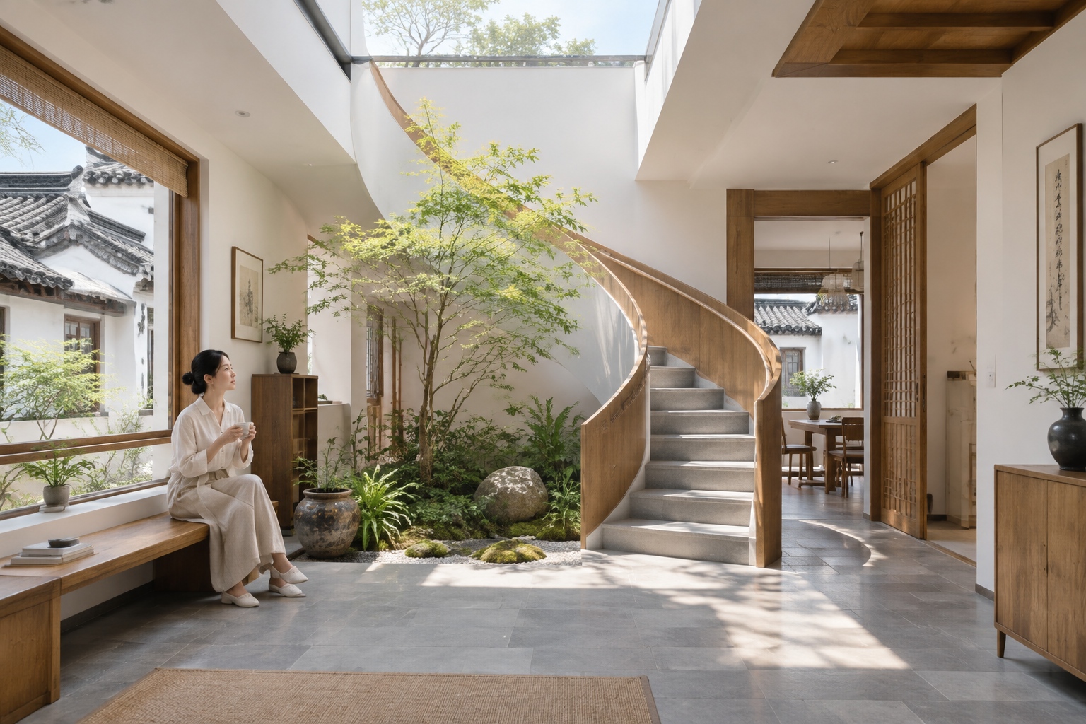 Narrow Suzhou townhouse renovation with skylight and spiral stair after feng shui consultation