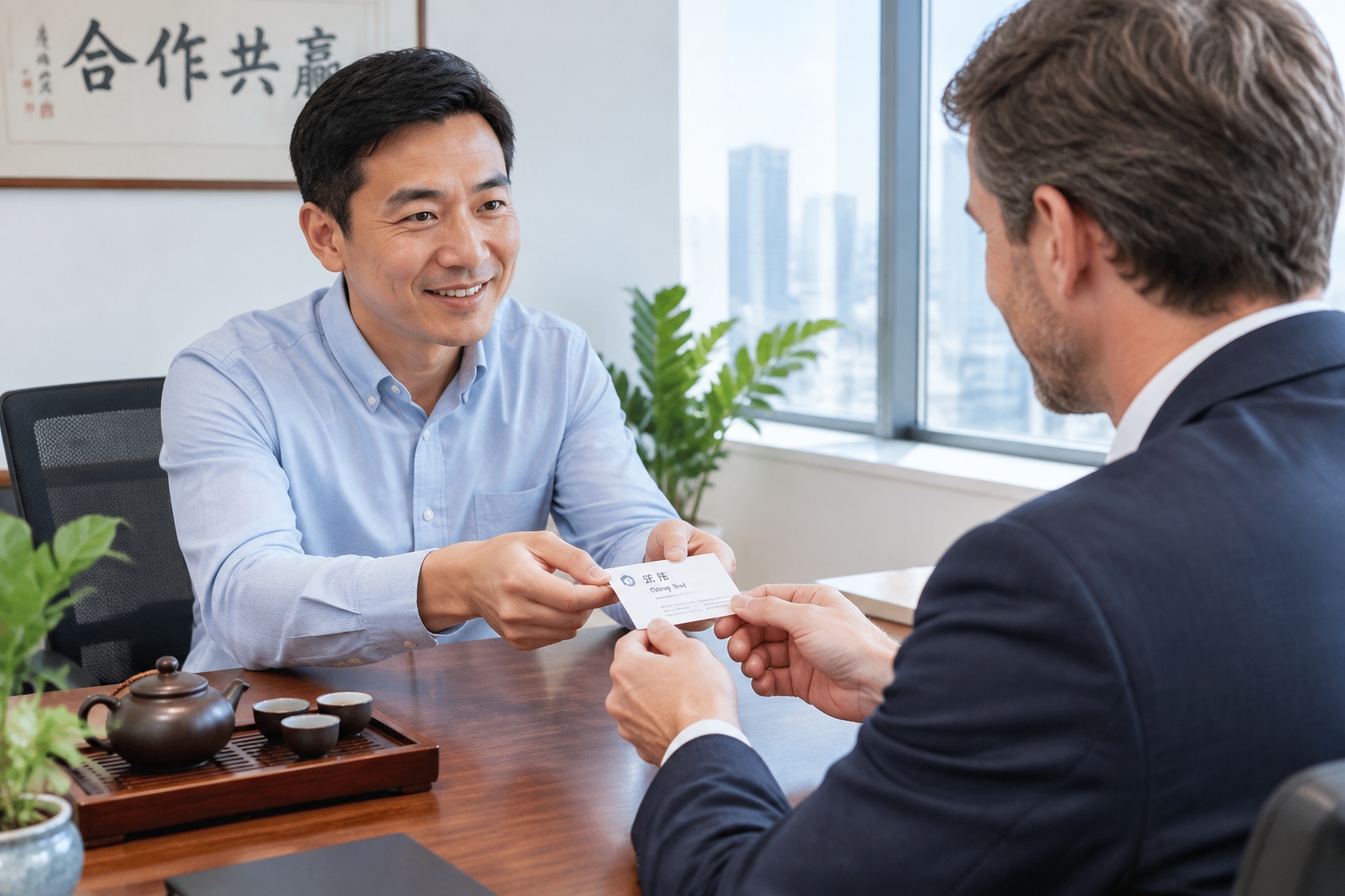 Chinese business professional offering a business card with both hands to a foreign colleague in a Shanghai meeting room