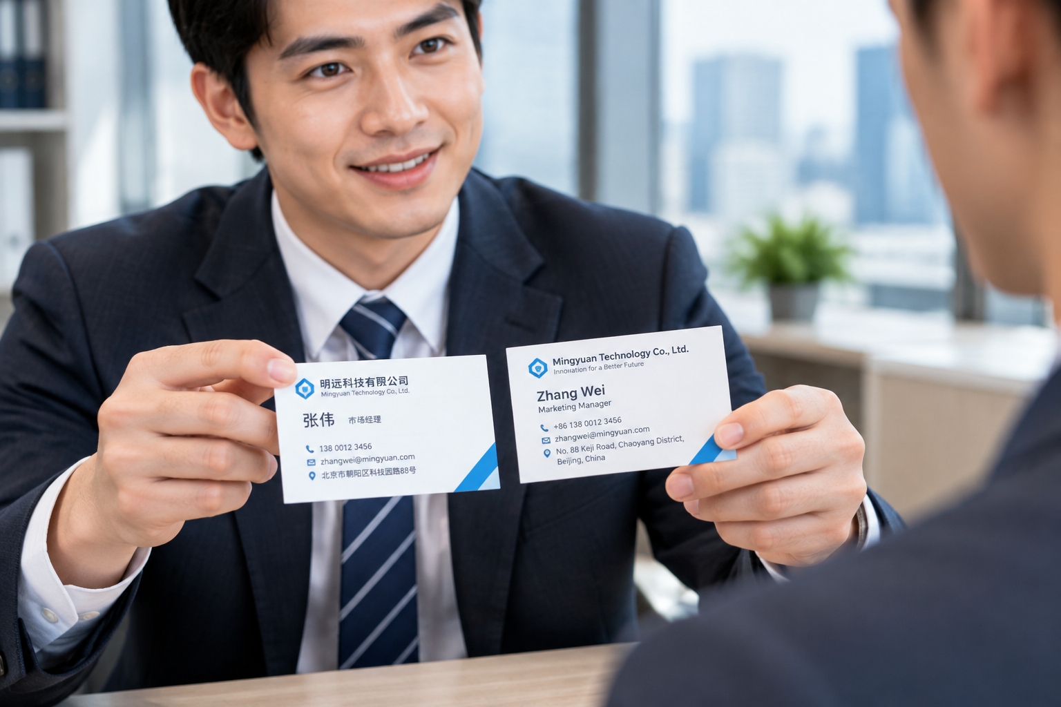 Close-up of hands holding a bilingual business card with Chinese and English text facing the recipient during a business meeting in China