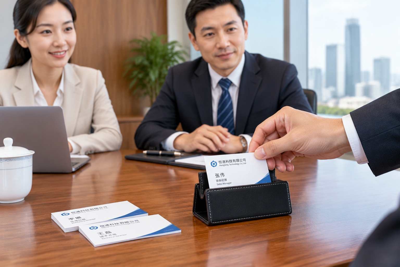 A person placing a received business card into a black card holder on a conference table during a business meeting in China
