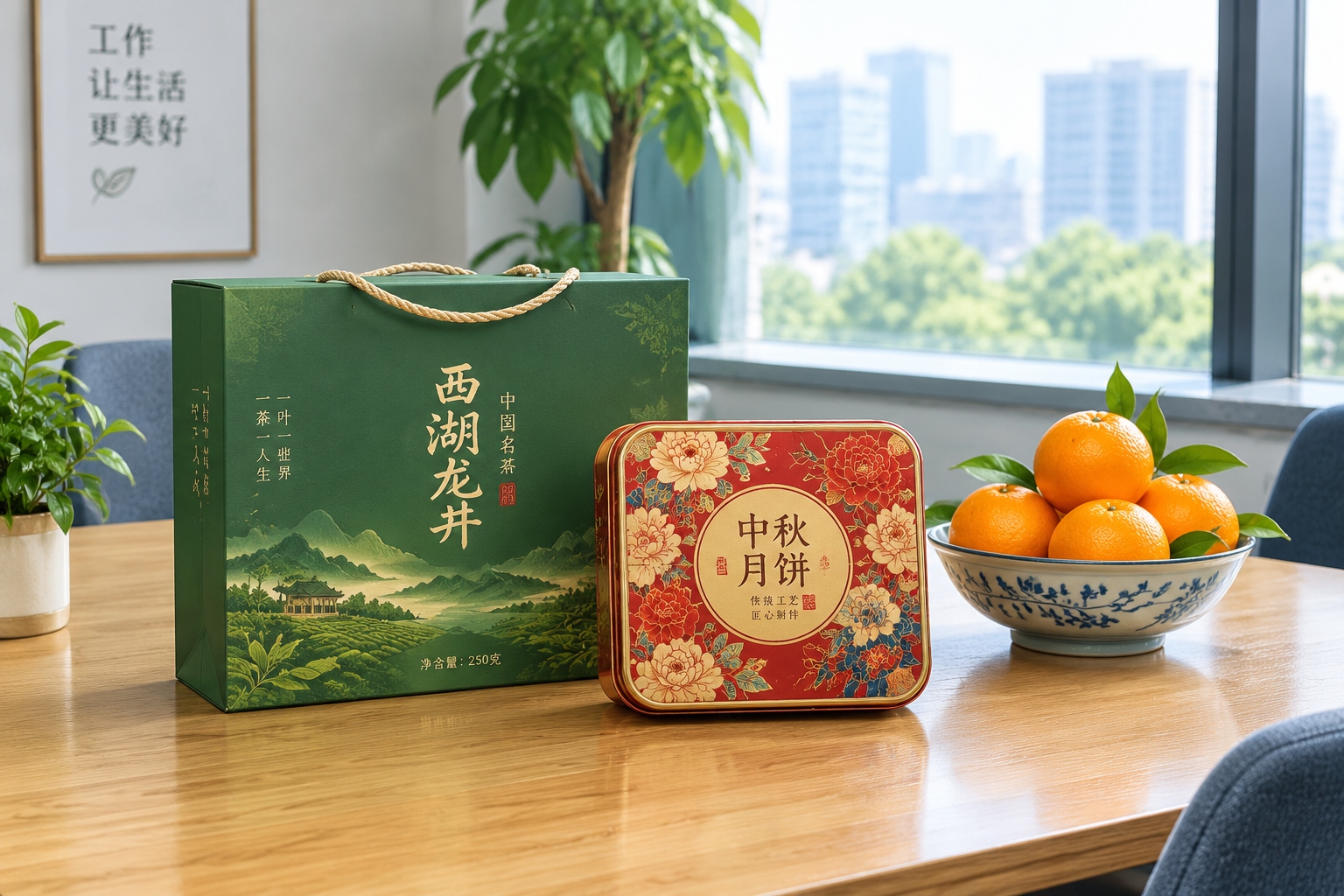 Common business gifts in China: premium green tea, mooncake box, and fruit