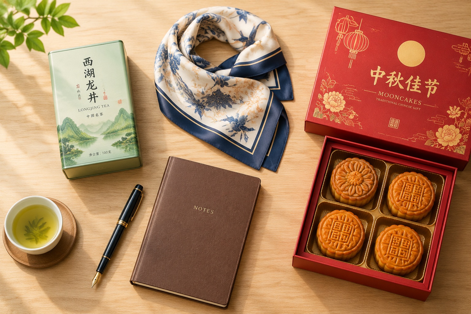 A business gift guide checklist including a pen, notebook, tea, silk scarf and mooncakes
