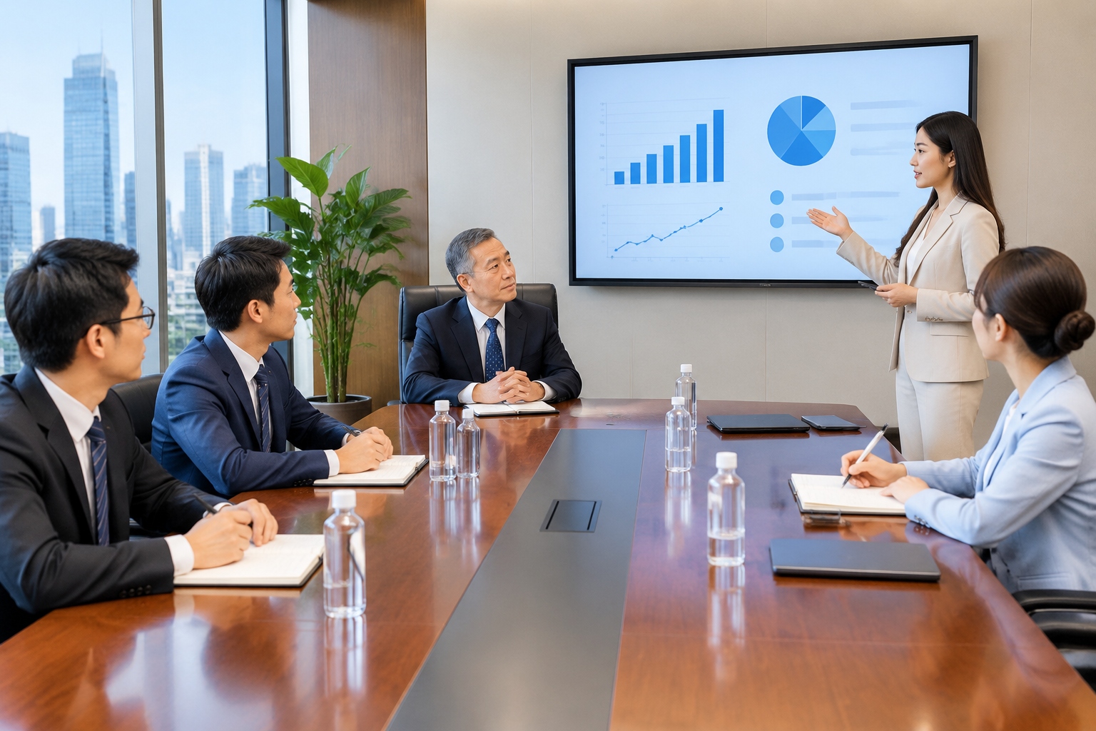 Senior executive leading a Chinese company meeting with department managers seated in hierarchical order