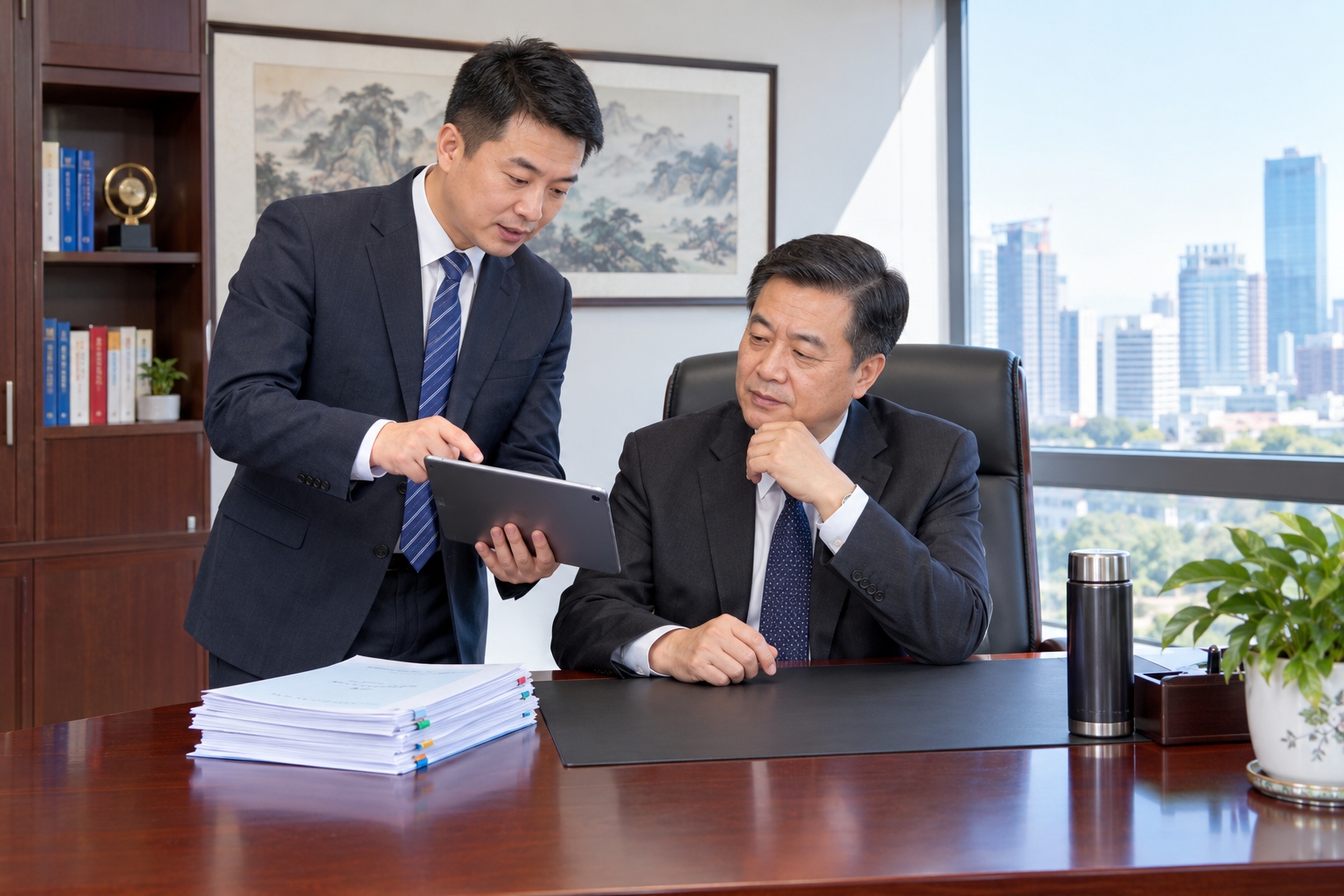 Chinese middle manager reporting to senior boss in a private office, example of upward reporting in Chinese company hierarchy