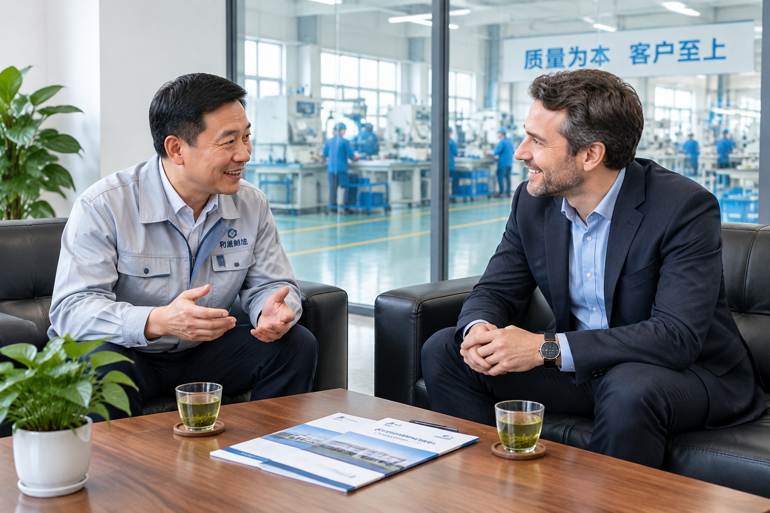 Chinese and foreign business counterparts having a friendly conversation over tea before starting a formal negotiation