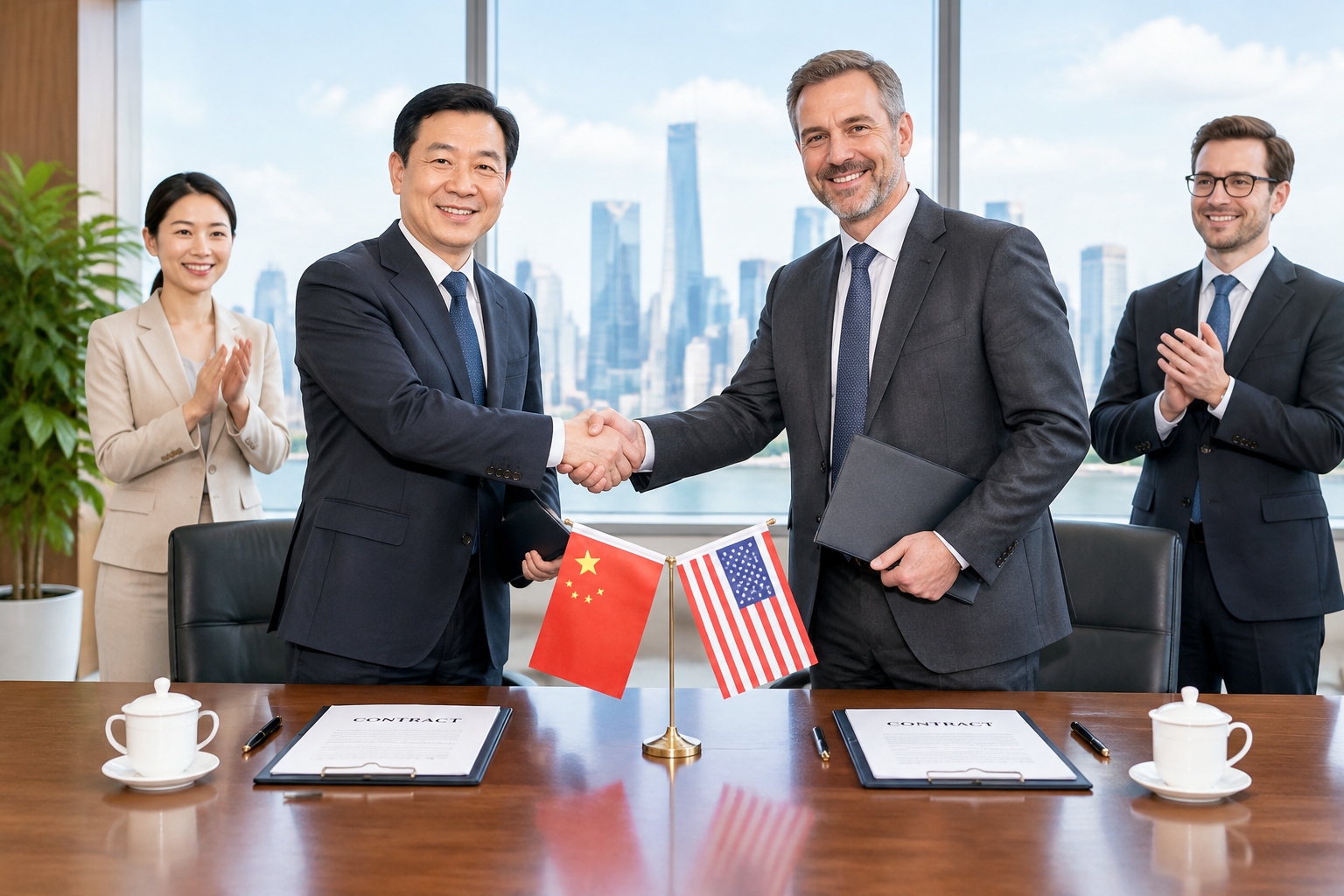 Satisfied Chinese and Western business partners handshaking after concluding a negotiation in a modern conference room