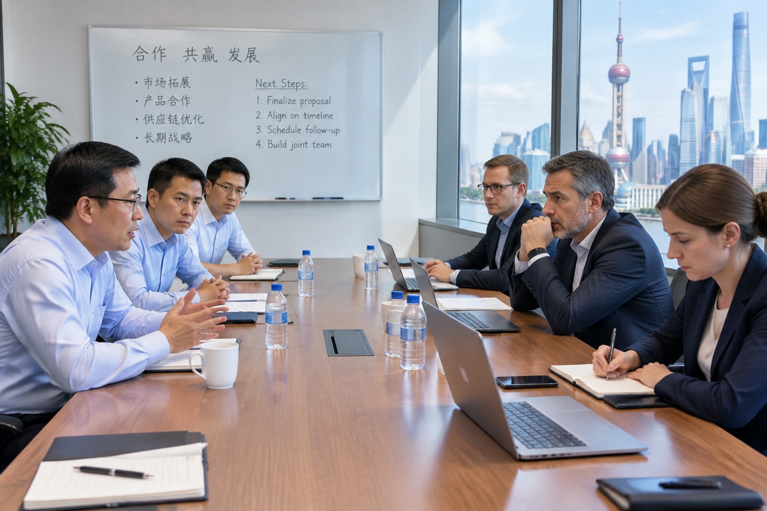 Tense business negotiation between Chinese and foreign executives in a Shanghai meeting room