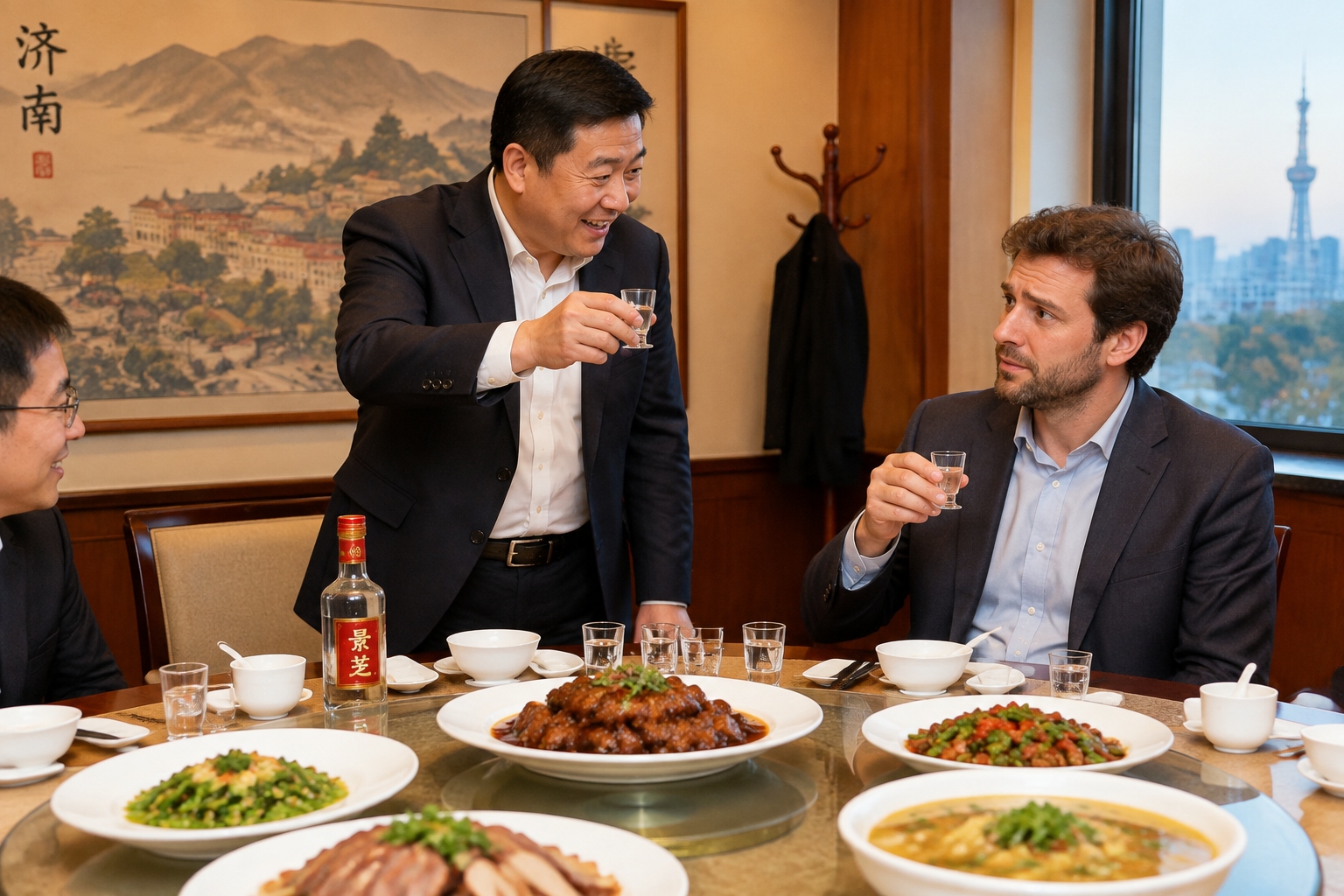 Chinese business host toasting a foreign guest with baijiu at a formal dinner in Shandong