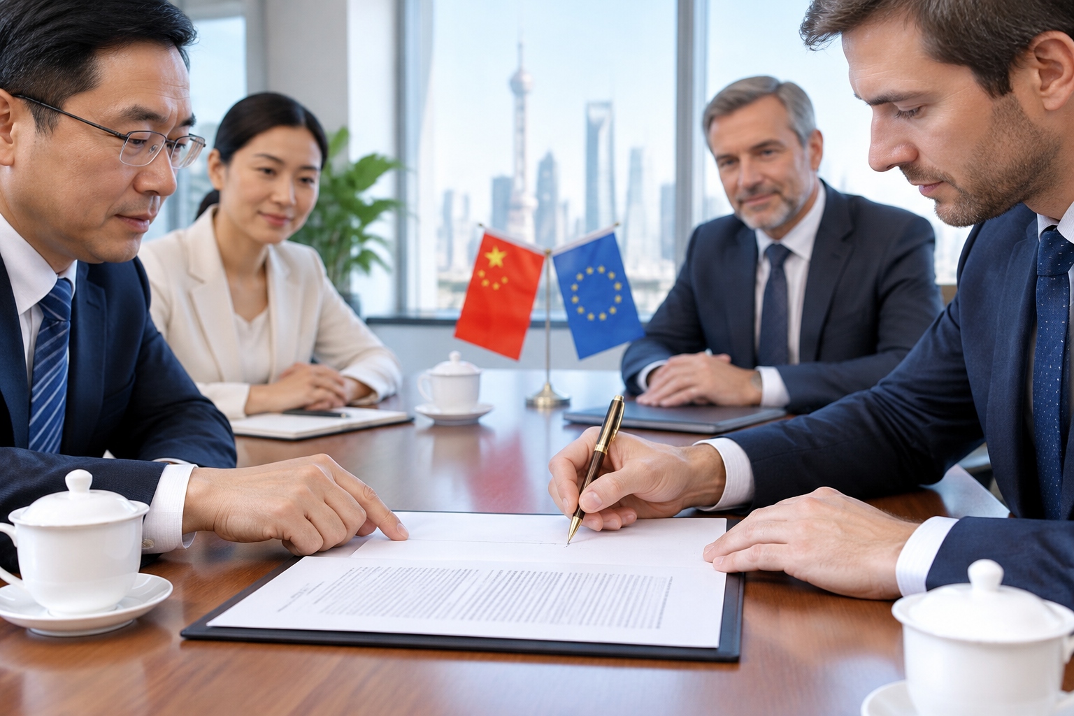 Chinese and Western business representatives signing a contract with tea cups on the table