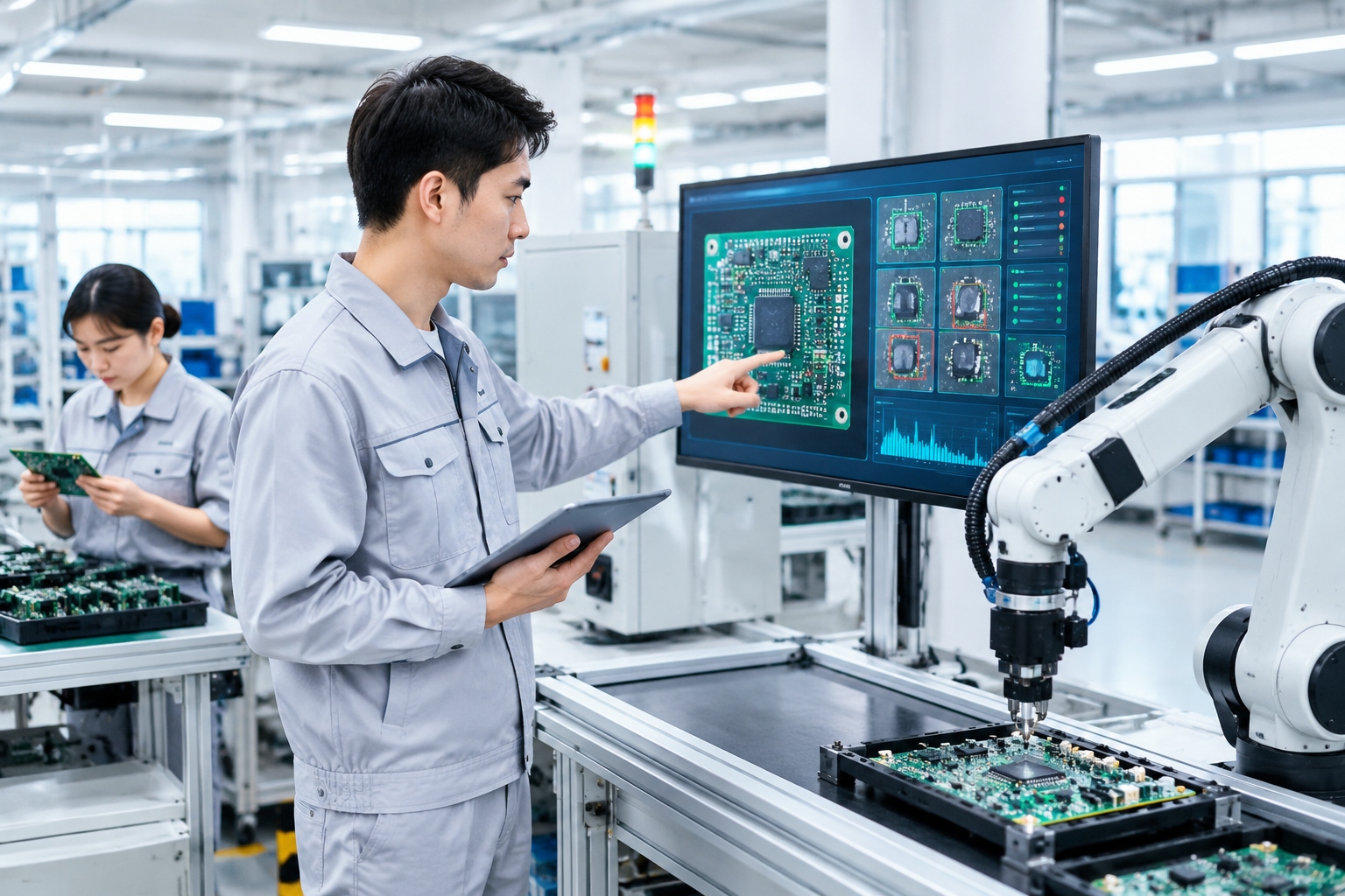 China's Tech Ecosystem in 2027: Where the Opportunities Are for Foreign Businesses 22 Chinese factory engineer supervising an AI-powered quality inspection system with robotic arm
