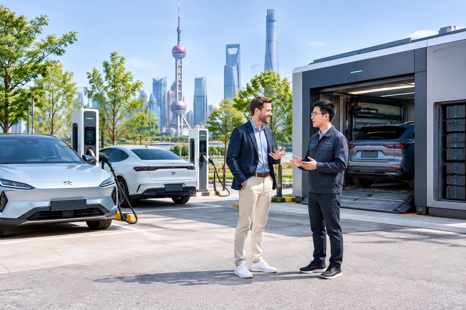 China's Tech Ecosystem in 2027: Where the Opportunities Are for Foreign Businesses 23 Foreign business executive and Chinese engineer discussing electric vehicles at a charging station
