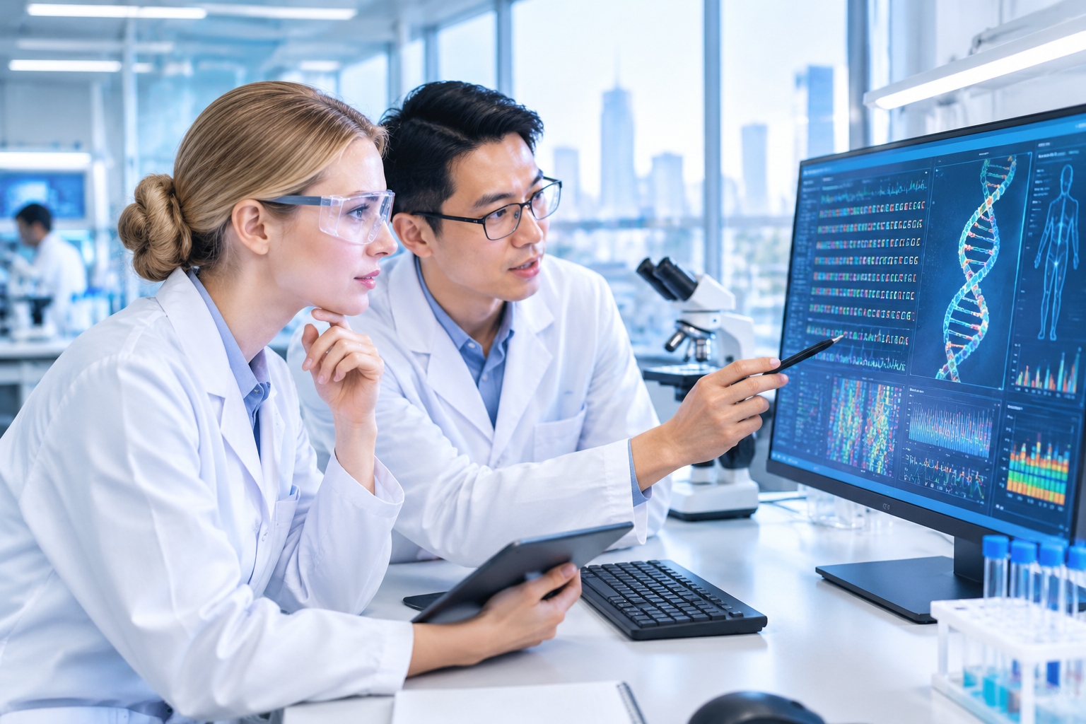 China's Tech Ecosystem in 2027: Where the Opportunities Are for Foreign Businesses 24 Foreign scientist collaborating with Chinese researcher on biotech real-world data analysis